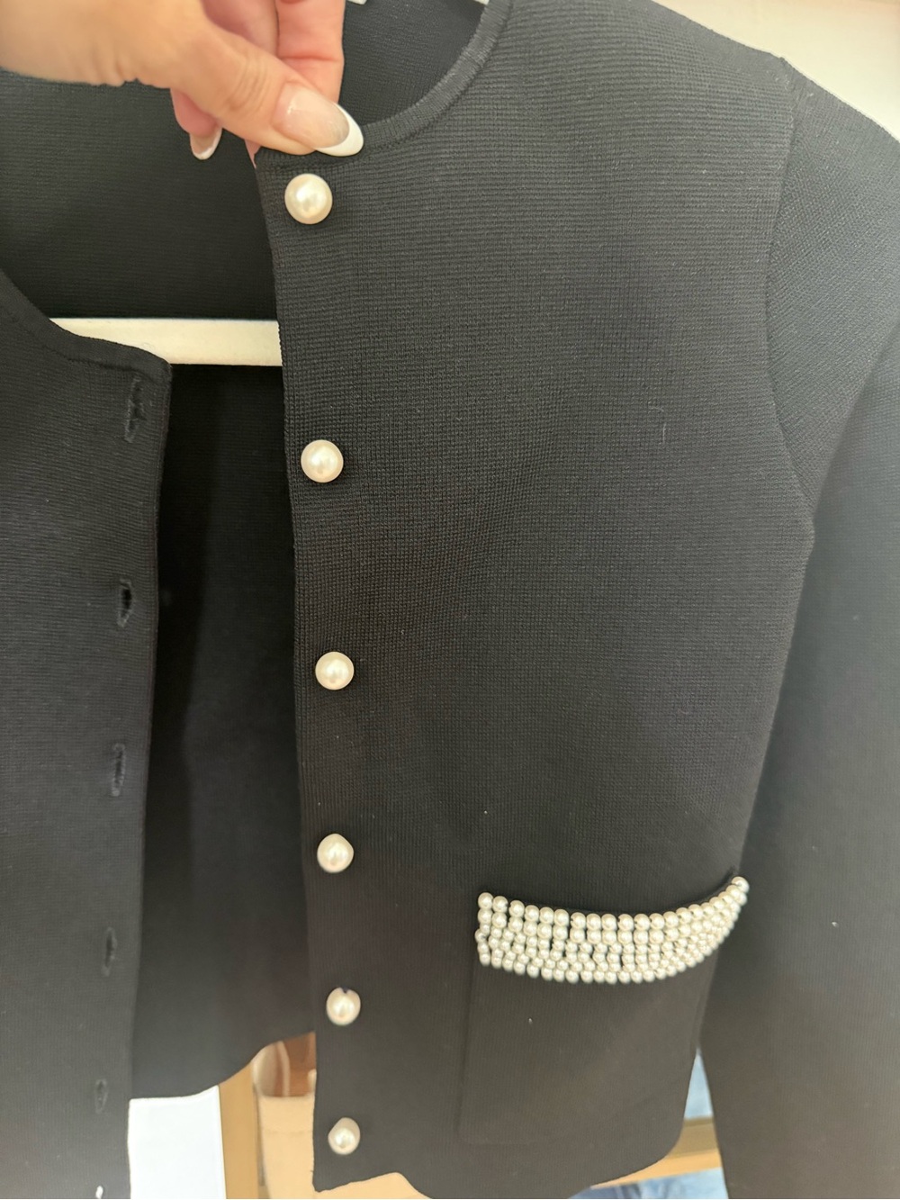 Sandro Black Cropped Jacket with Pearl Trim - Picture 3 of 7
